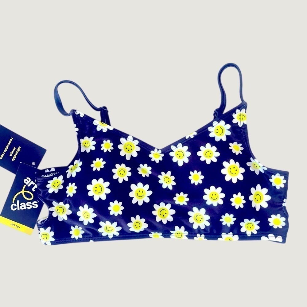 Art Class Bralette Bikini Swim Top Girls XXL Gray Yellow White Smiling Daisy NWT